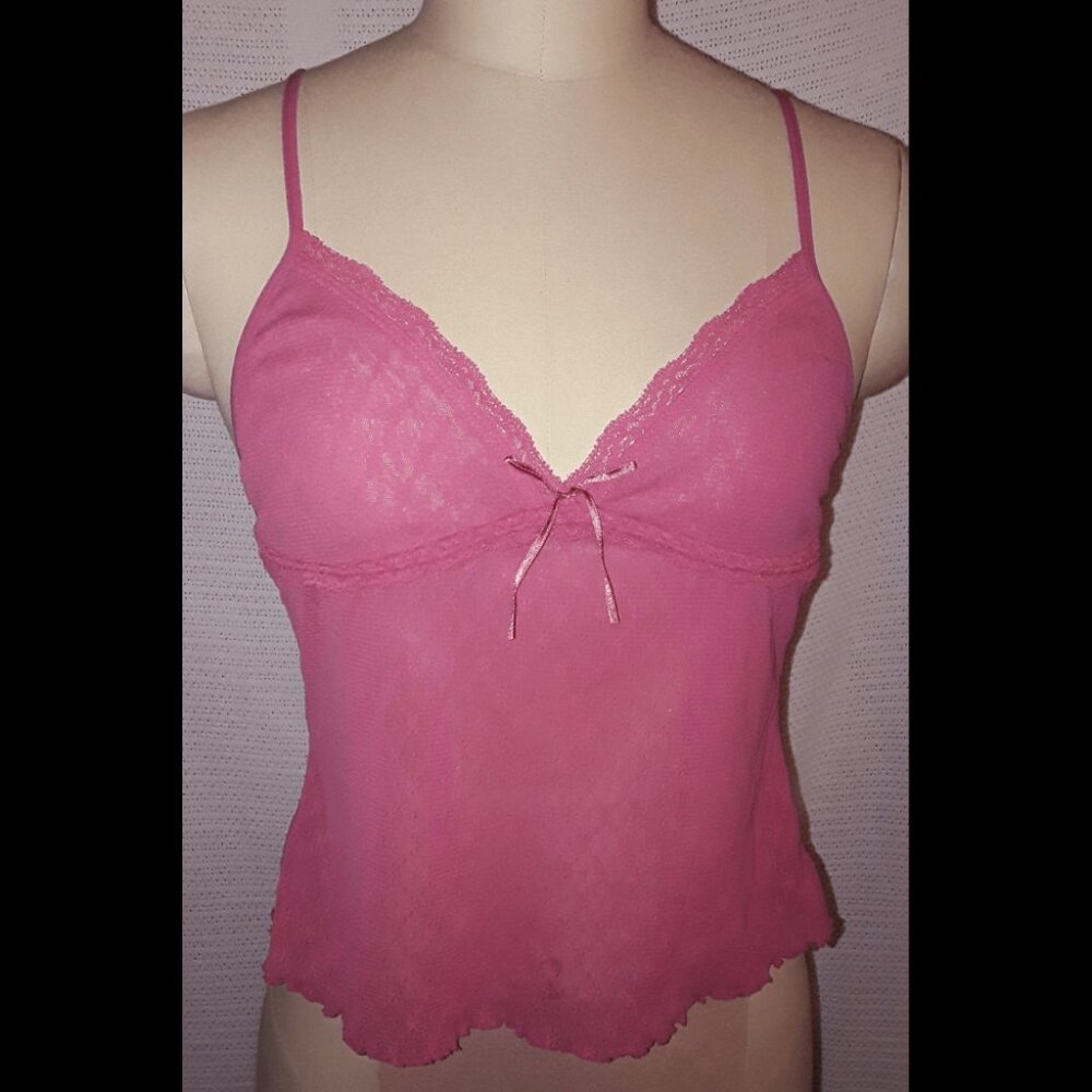 90s 2000s y2k Pink sheer cami top with bows and polkadots in mesh
